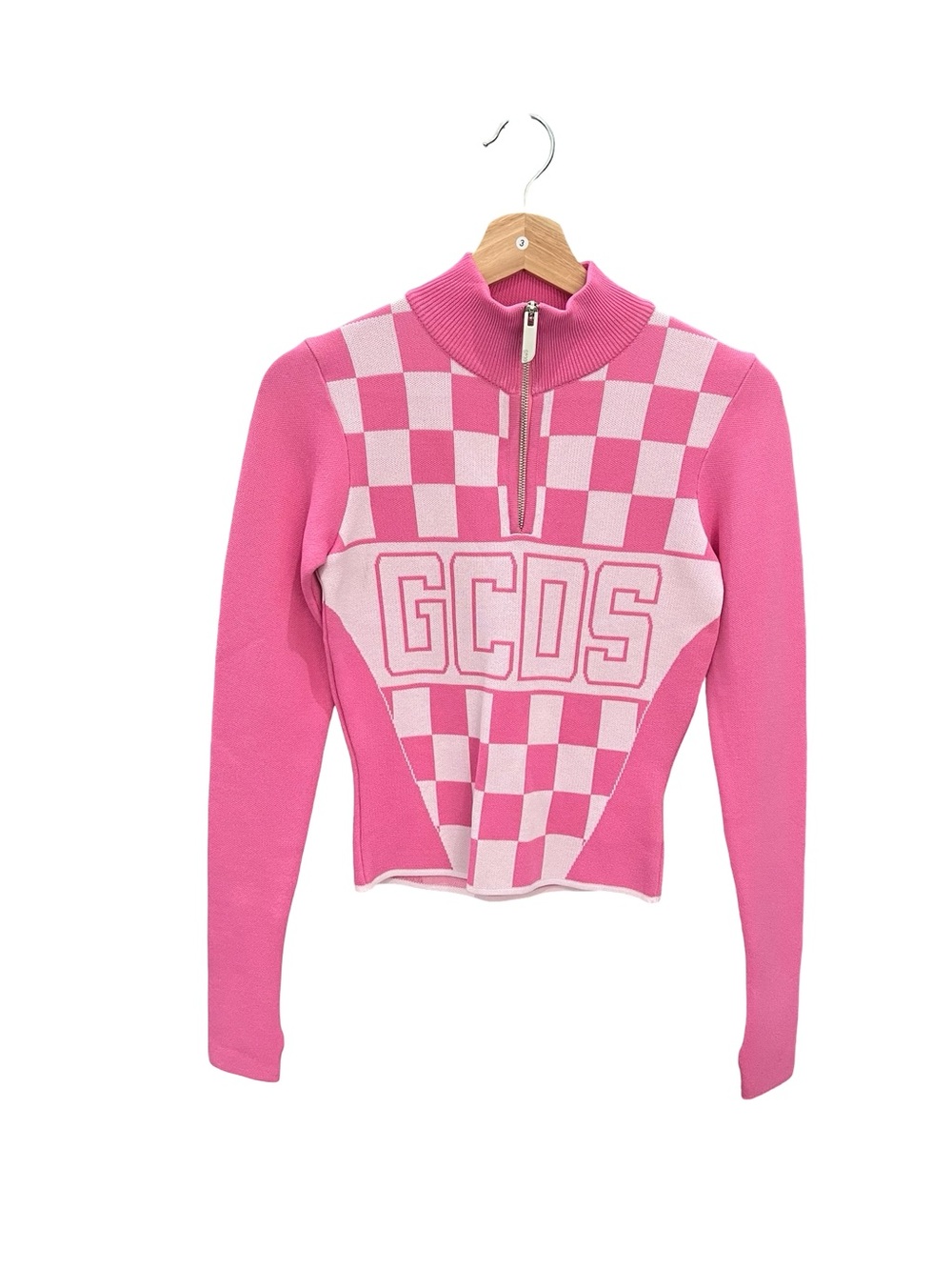 GCDS Pink Checkered Zip-Neck Knit Top